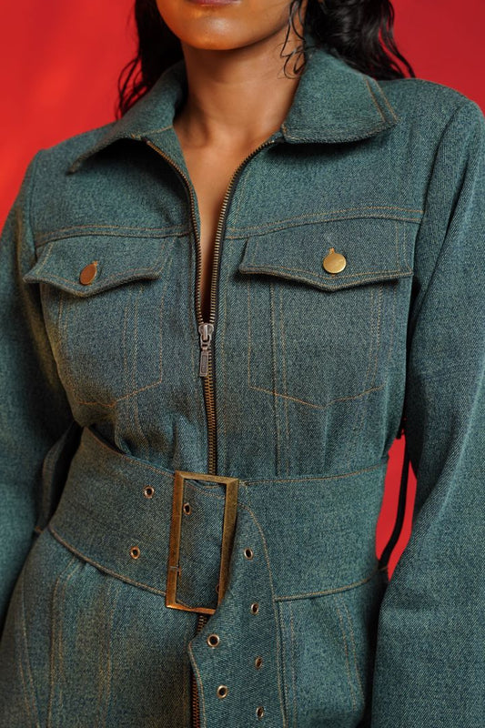 TIE - BELT WASHED DENIM DRESS